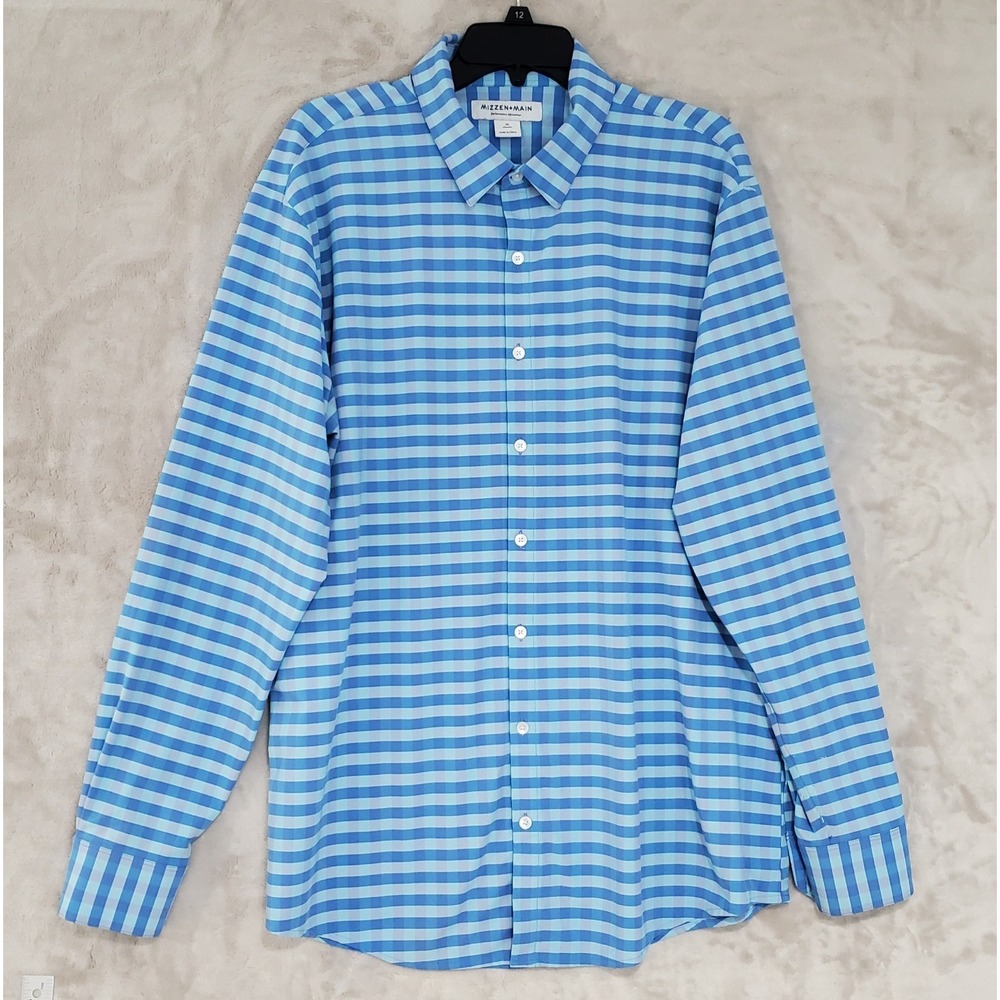 Mizzen + Main Performance Men's Shirt XL Classic Fit Blue Checked Button Up EUC